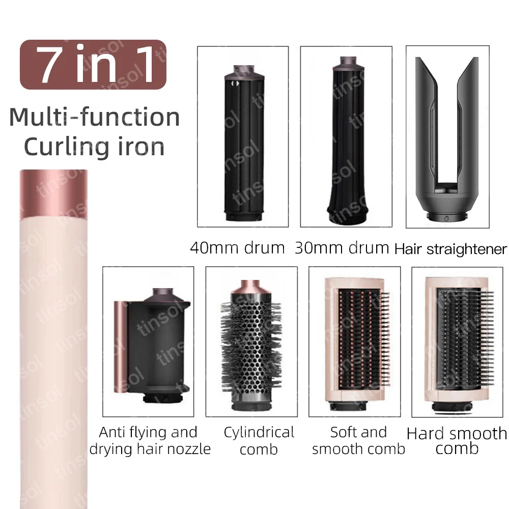 7-in-1 high-speed ionic hair dryer set in rose gold with 7 styling attachments, including curling barrels and combs.