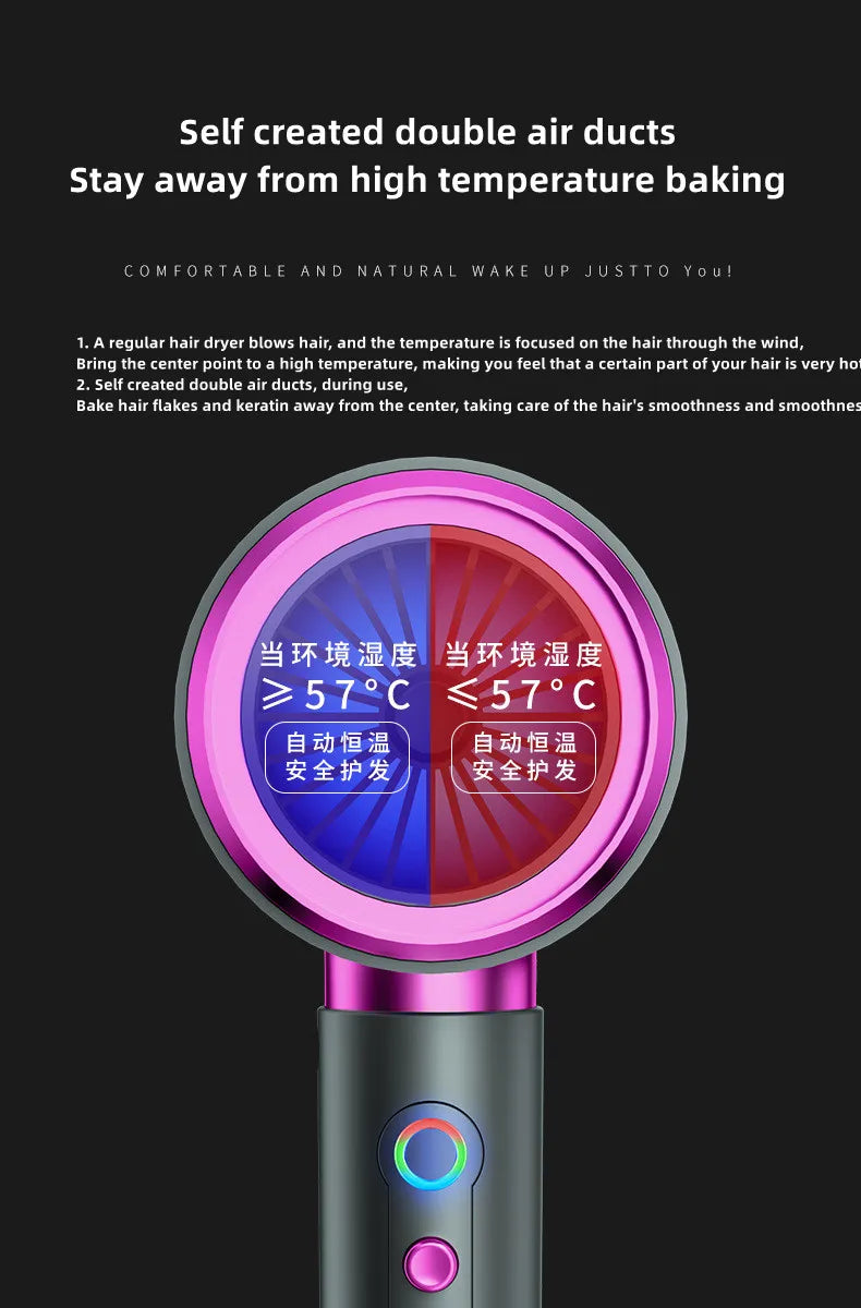 2026 High-speed ionic hair dryer with digital temperature display, purple ring design, and double air duct technology.