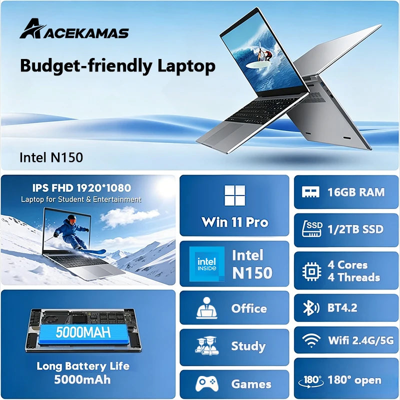 2026 New 14.1" Laptop Computer Intel N150 Windows 11 Pro 16GB RAM 1TB M.2 SSD Gaming Notebook PC 1920*1080 HD Portable Laptops