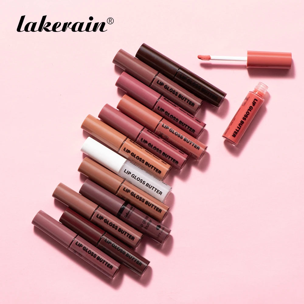 Lakerain non-stick butter lip gloss collection in diverse nude shades for a lasting moisturizing mirror-shine finish.