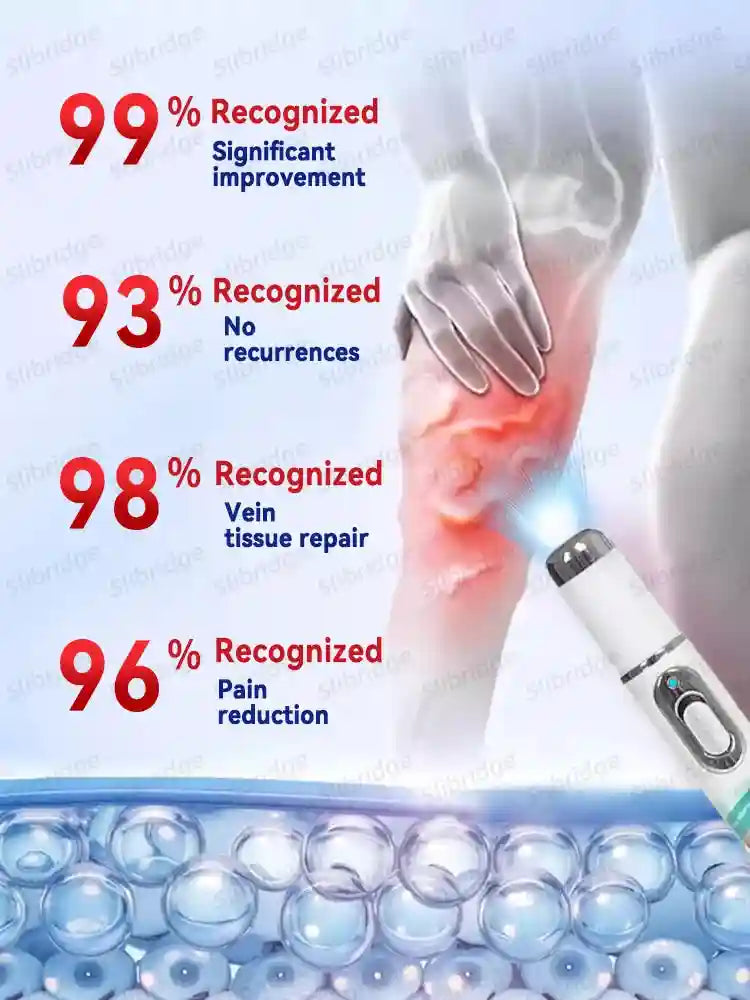 White blue light pen for spider veins shown against a leg with success statistics and skin cell graphics.