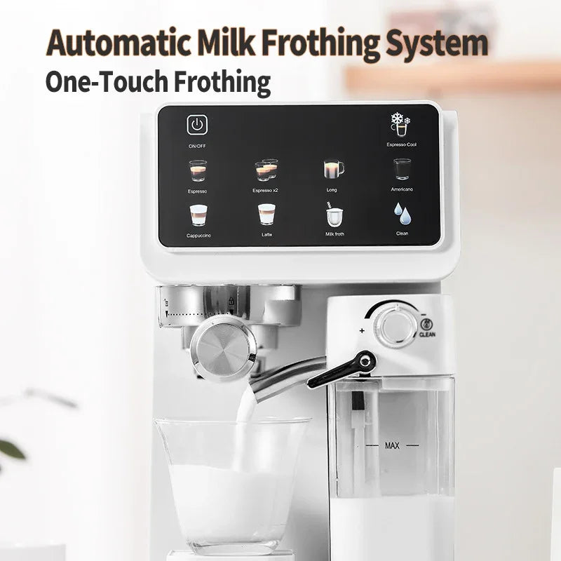 White automatic espresso machine with touchscreen, integrated milk frother, and one-touch beverage selection menu.