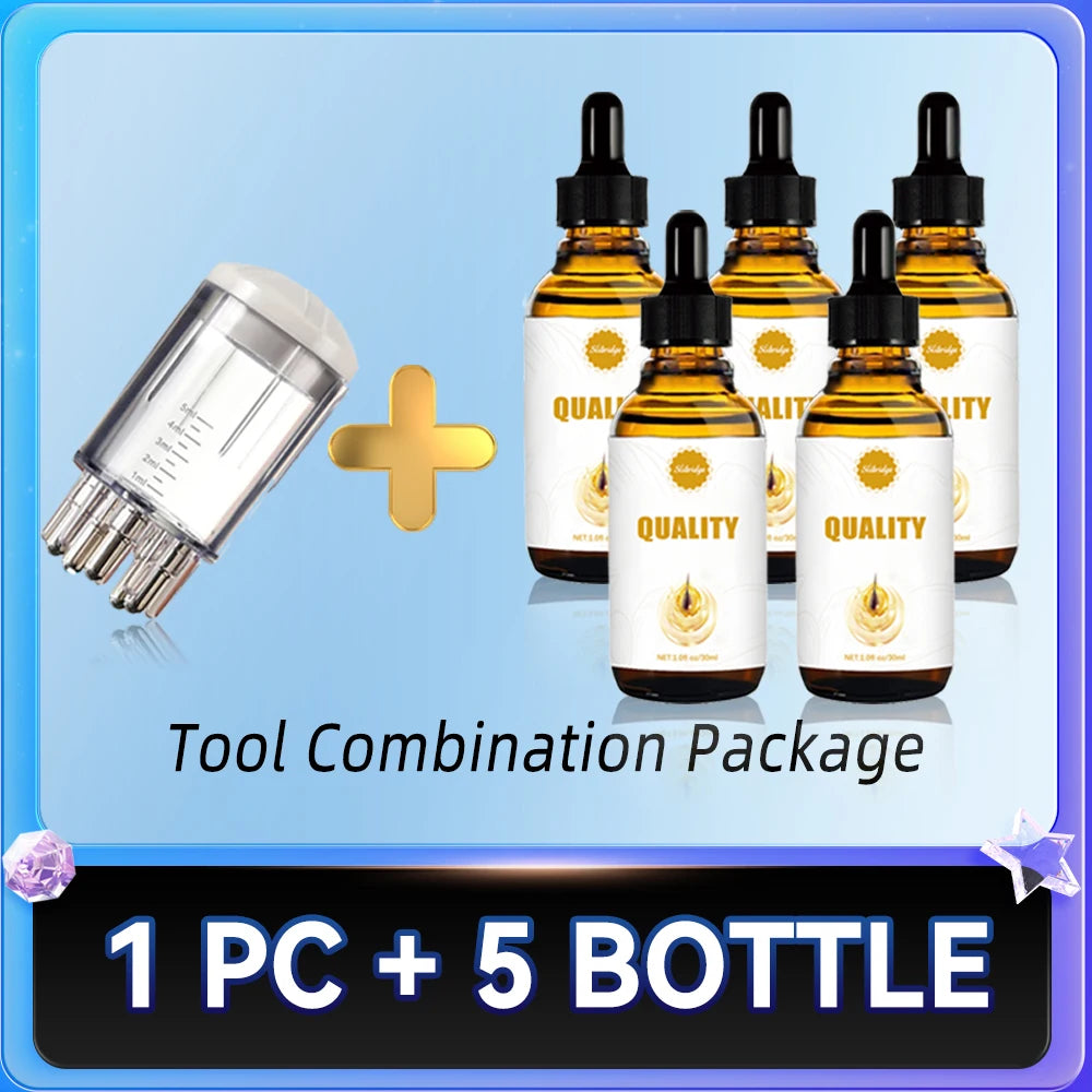 Scalp applicator massage tool and five amber dropper bottles for hair root treatment and scalp health.