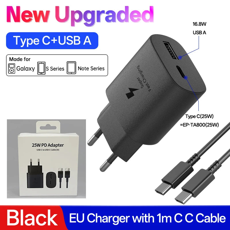 Samsung 25W USB-C Fast Charger Adapter - EU & US Plug Options Black 25W EU Set Tidesmit