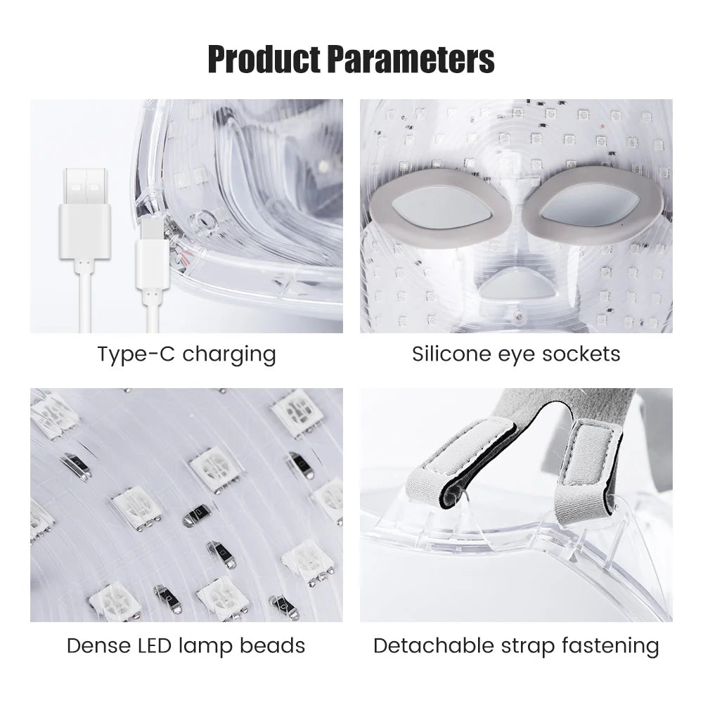 Four close-up shots of a clear LED facial mask showing Type-C charging, silicone eye protection, LED beads, and straps.