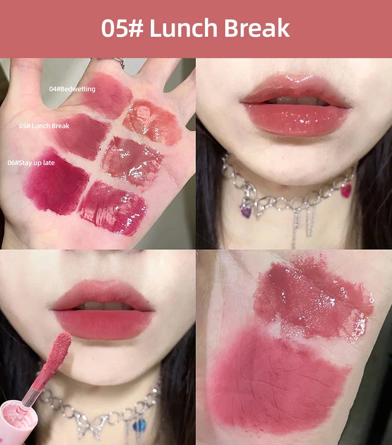 CACE double-head lip glaze featuring matte and glossy textures in a romantic pink-red shade for versatile lip makeup.