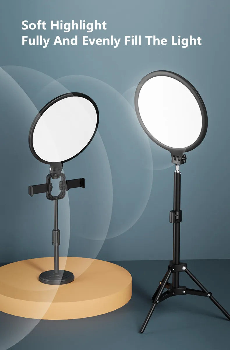 Two circular LED ring lights with stands, one on a base and one on a tripod, for balanced photography lighting.