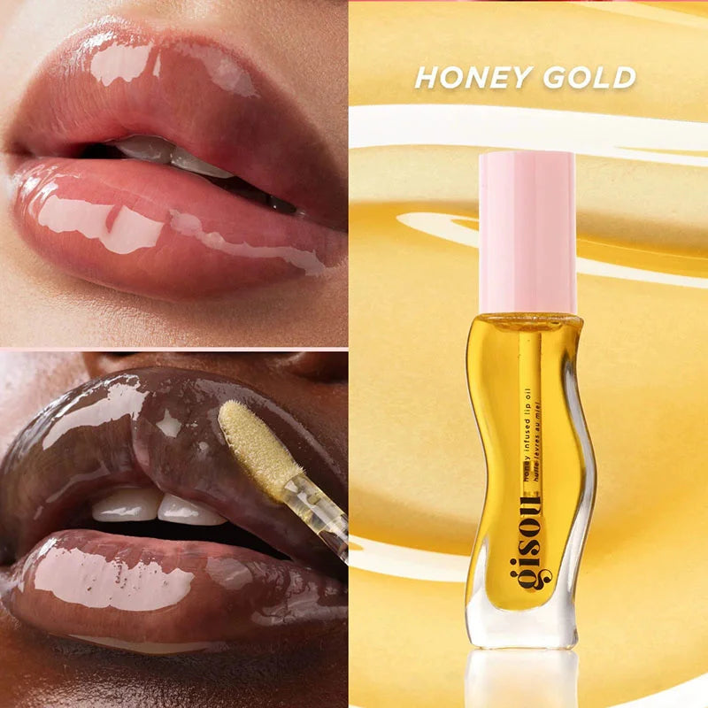 Gisou Honey Infused Lip Oil in Honey Gold. High-shine, plumping gloss texture for hydrated, glossy plum-toned lips.