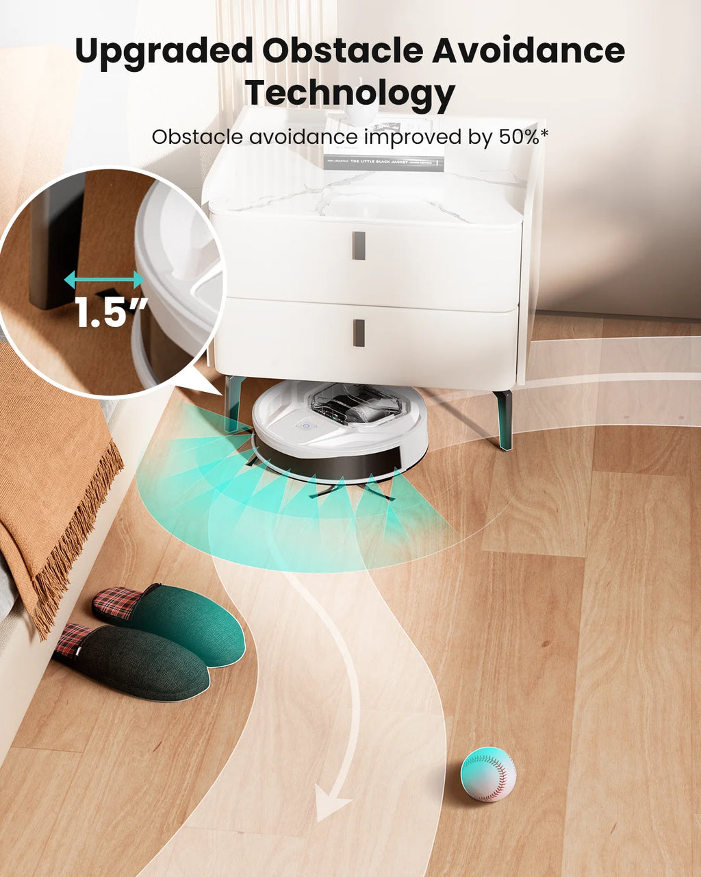 Tidesmit Lefant M320 Robot Vacuum cleaning carpet with 6000 Pa suction power and quiet operation side view