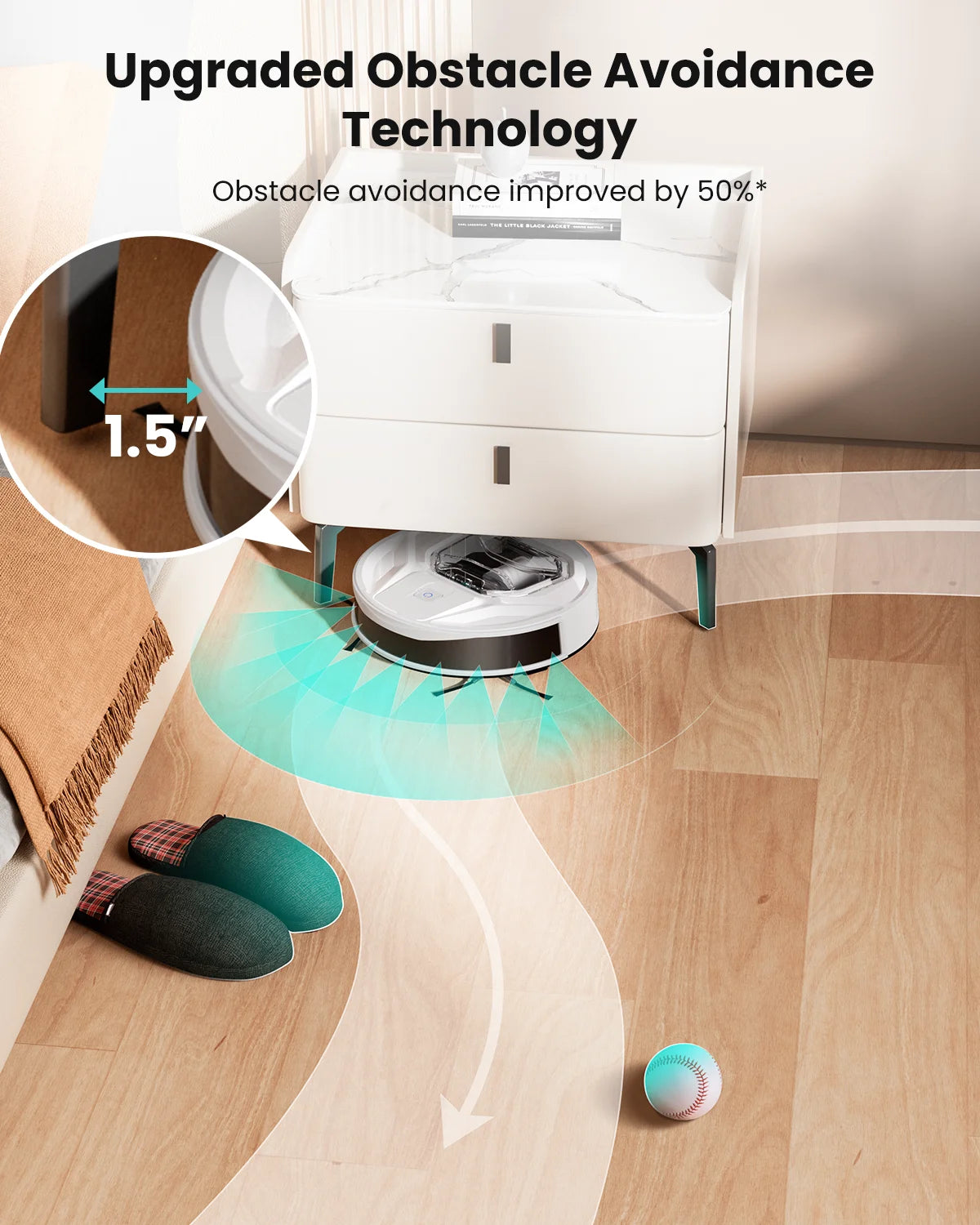 Tidesmit Lefant M320 Robot Vacuum cleaning carpet with 6000 Pa suction power and quiet operation side view