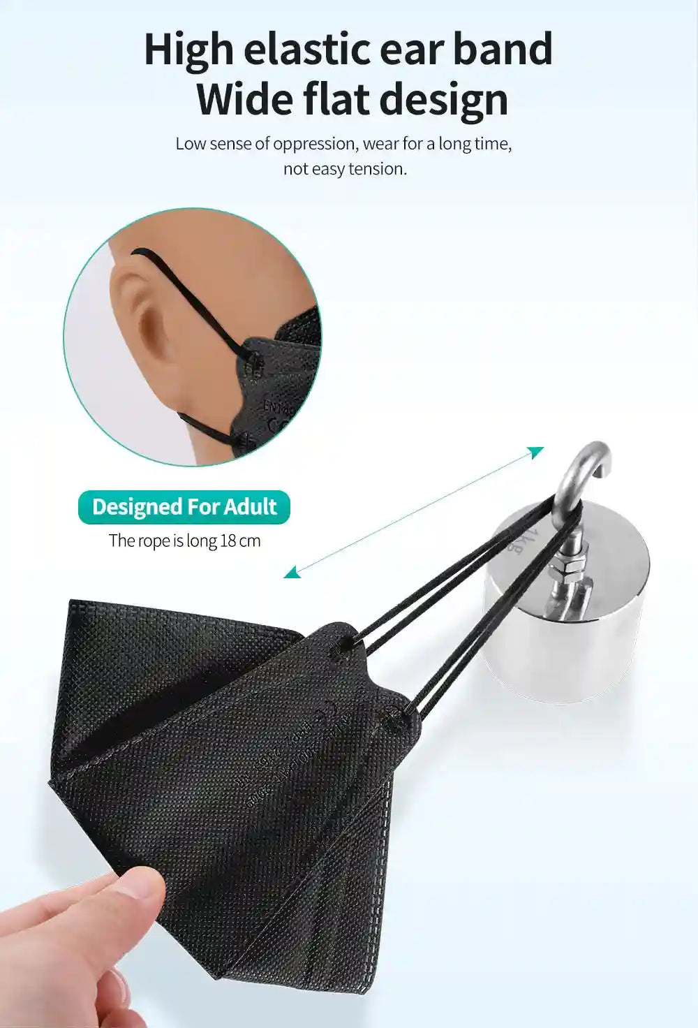 Black 4-layer FFP2 KN95 face mask with high-elastic ear loops, showing durability test against weight.