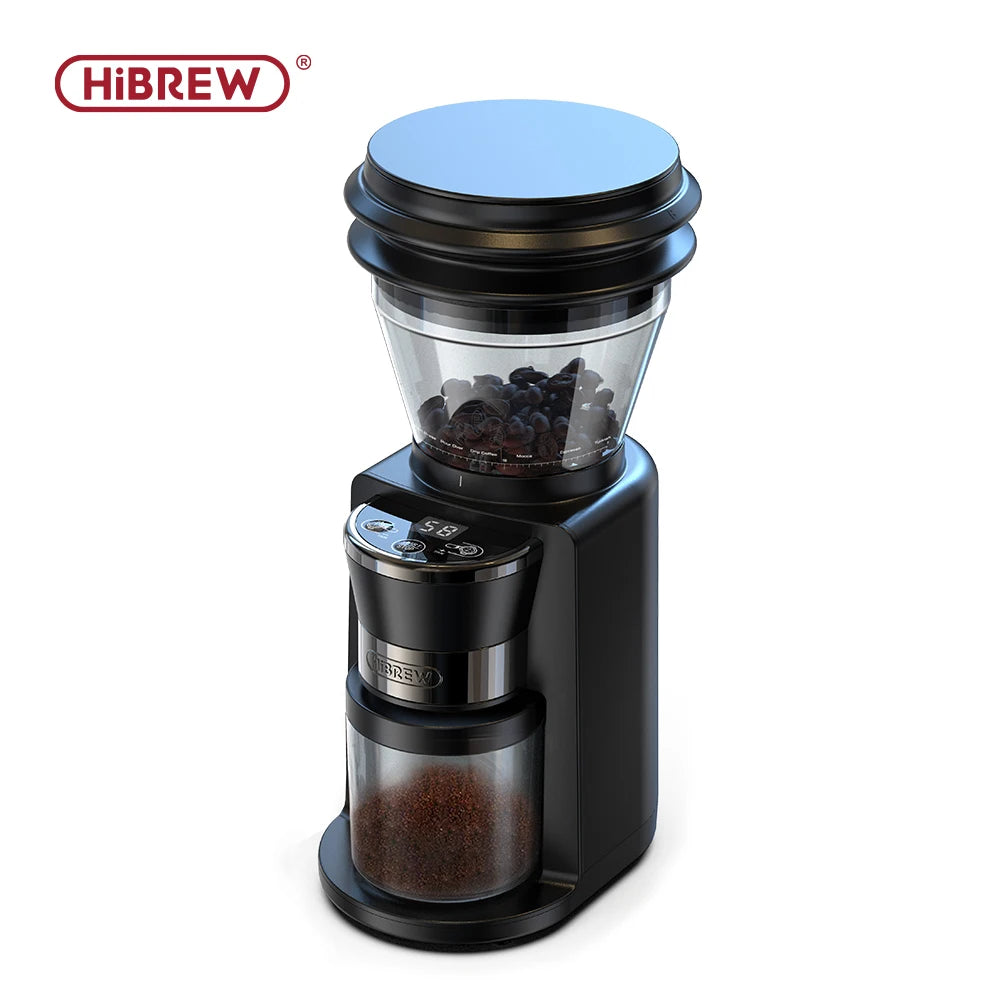 HiBREW matte black electric coffee grinder with clear bean hopper and digital display, containing ground coffee.