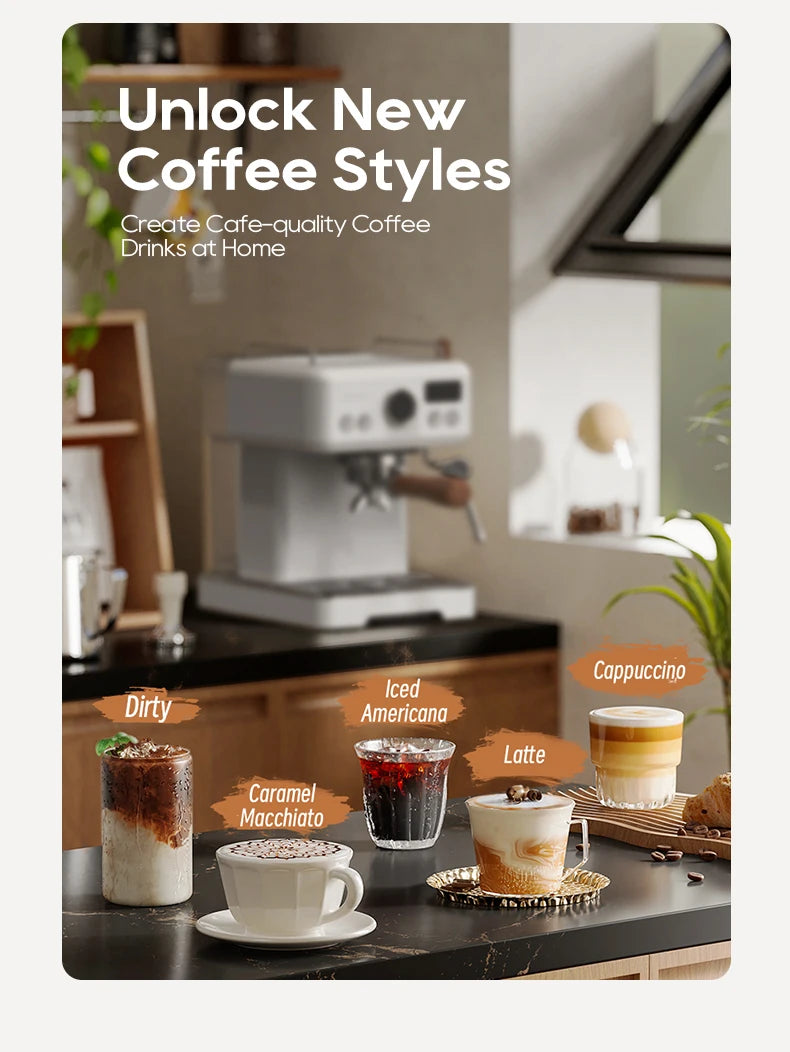 White espresso coffee machine with wood-accented portafilter on kitchen counter with assorted coffee drink styles.