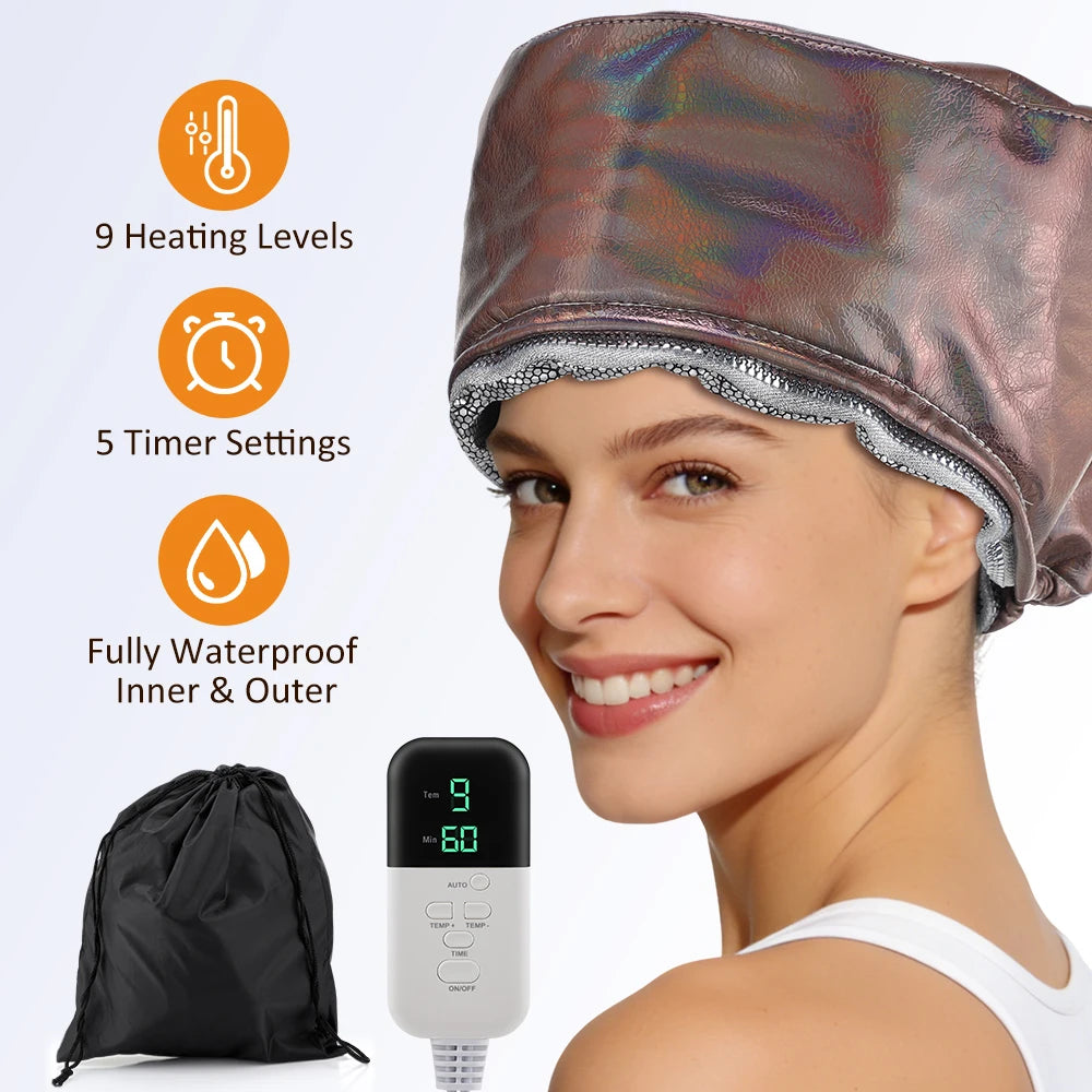 Metallic bronze electric hair steamer cap with 9 heat levels, 5 timer settings, waterproof lining, and storage bag.