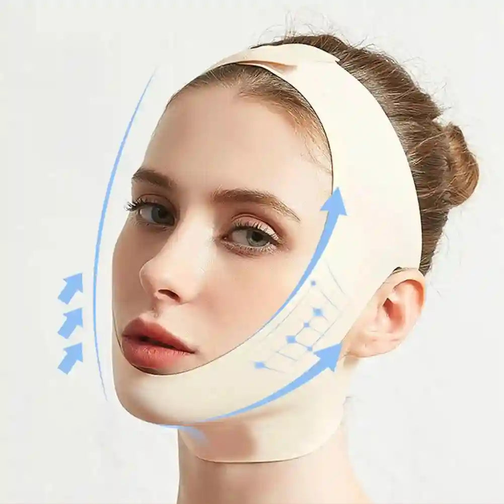 A woman wears a beige, elastic V-line face shaper bandage with blue graphic arrows illustrating a lifting effect.
