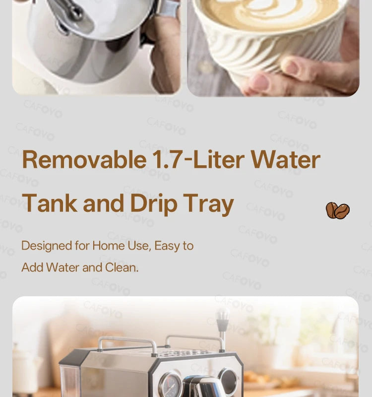 Cafovo espresso machine with silver stainless steel housing, 1.7L removable water tank, and drip tray for home use.