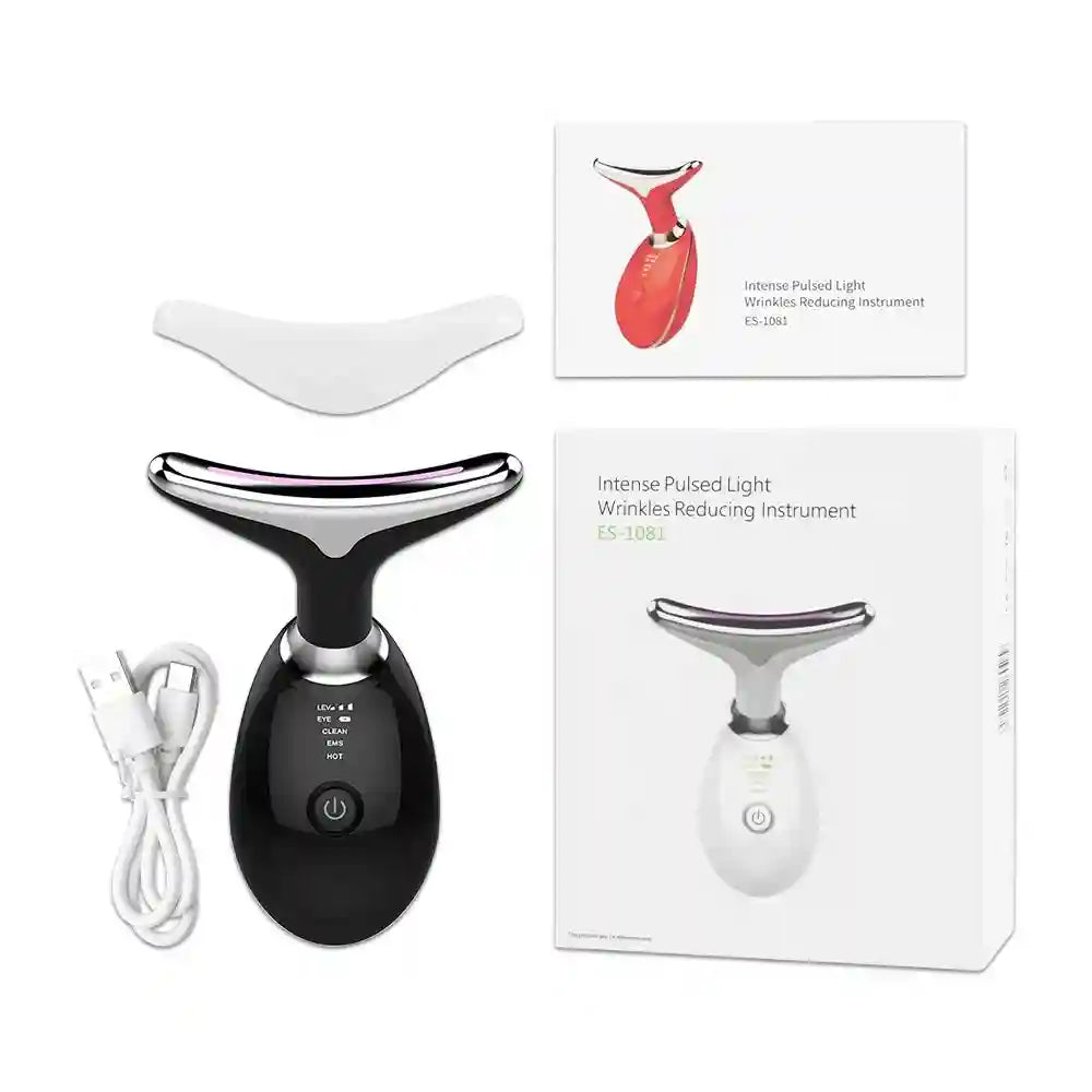 Black and silver facial massager, USB cable, white cover, and product box with labeling.