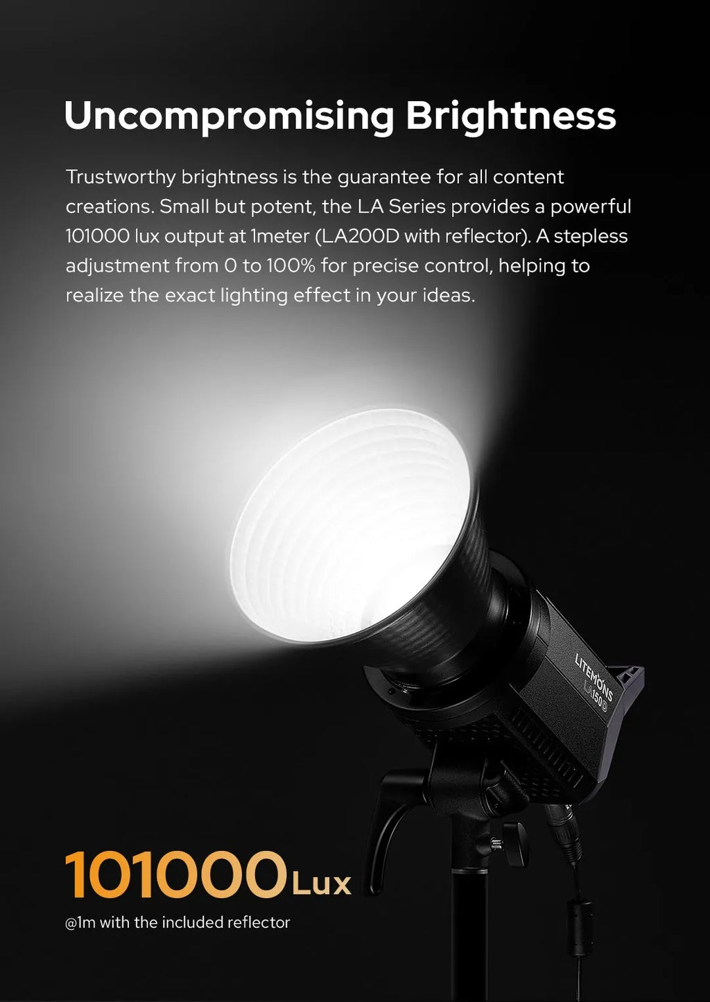 Litemons LA150D LED video light with a black housing and silver reflector emitting a bright beam of light on a stand.