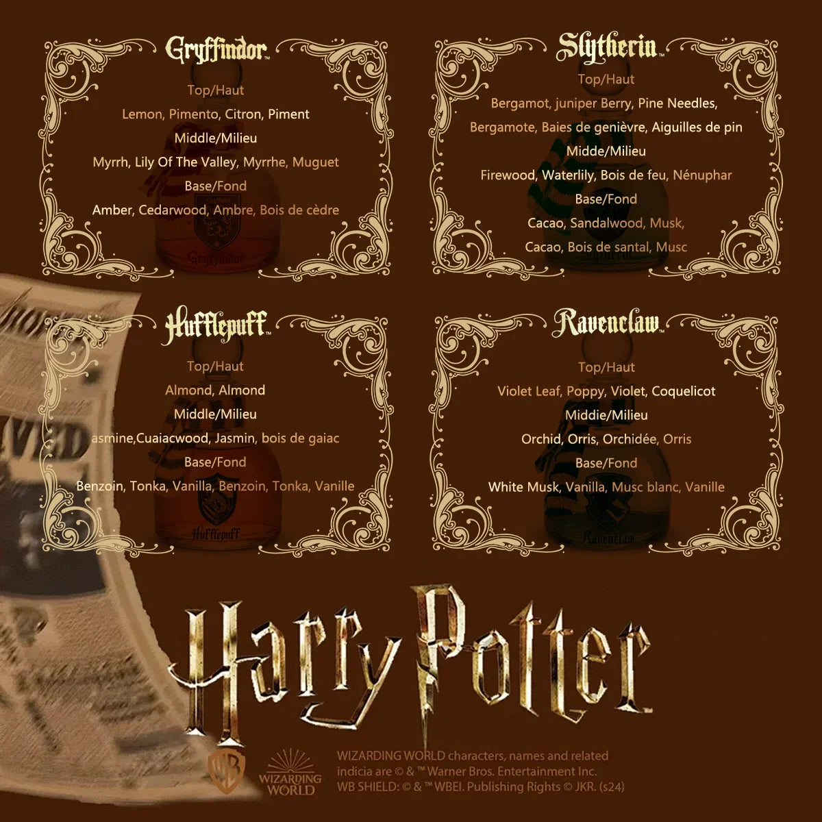MINISO Harry Potter Magic Academy 4pc Reed Diffuser Oil Set. House-themed aromas: citrus, floral, musk, and woody notes.