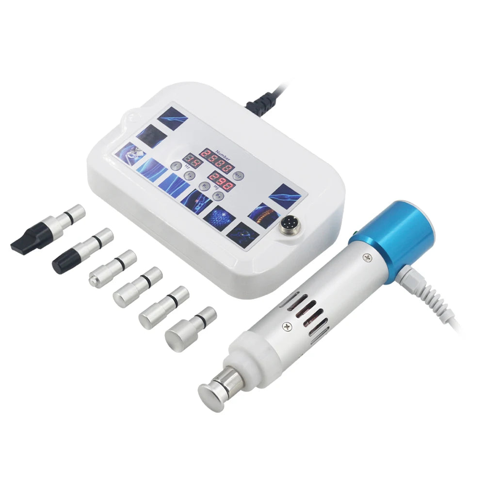 300mj shockwave therapy machine with digital control panel, handheld massager wand, and multiple massage heads for pain.
