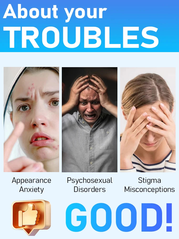 A three-panel graphic titled "About your TROUBLES," showing people struggling with appearance, stress, and stigma.