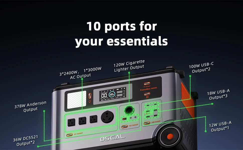 Oscal PowerMax3600SE Portable Power Station 3600W Solar Generator 3600Wh LiFePO4 Battery 14 Outlets Morse Code For Emergency Use No parallel operation function