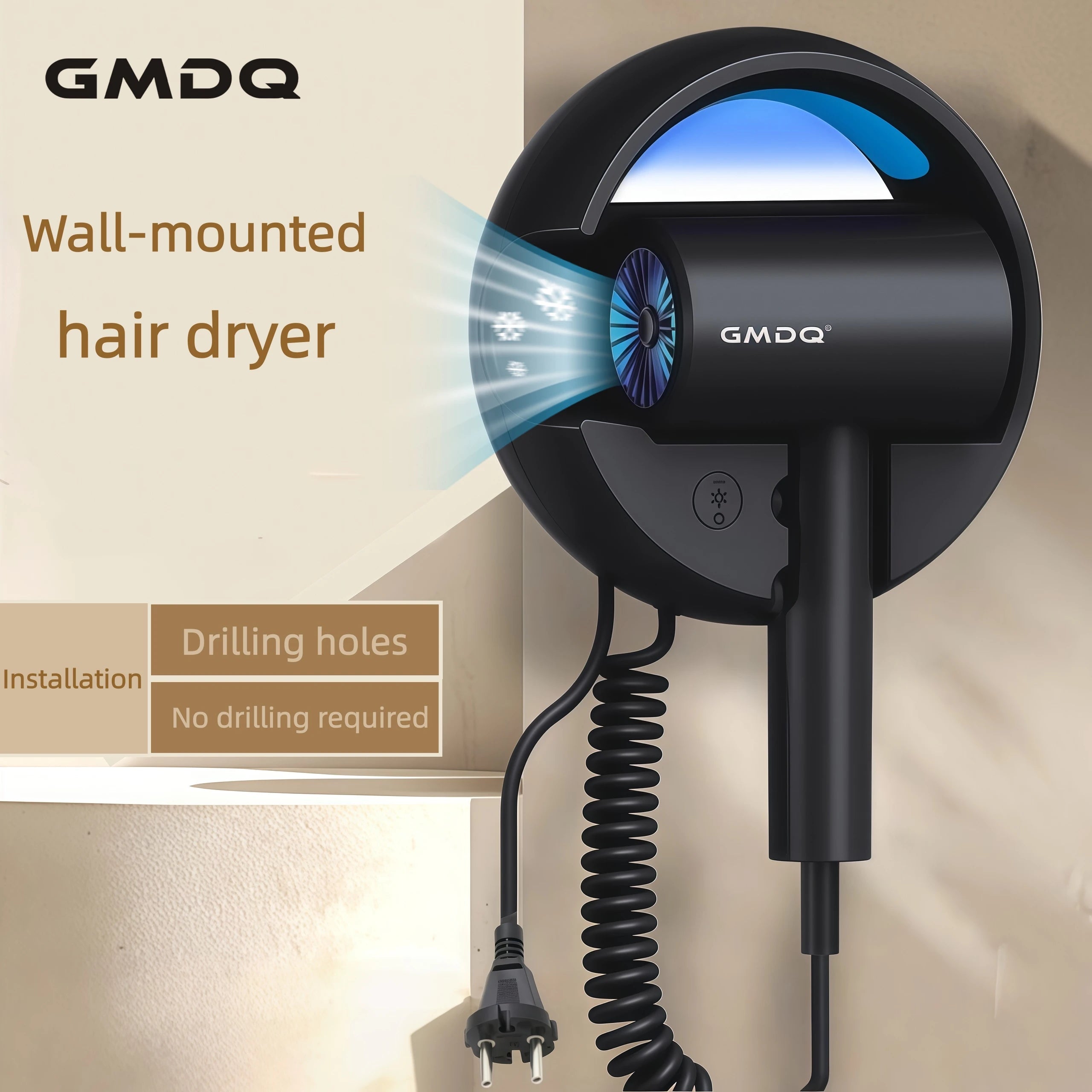 Black GMDQ wall-mounted hair dryer with blue light, 1800W, coiled cord, and quick-dry constant temperature tech.