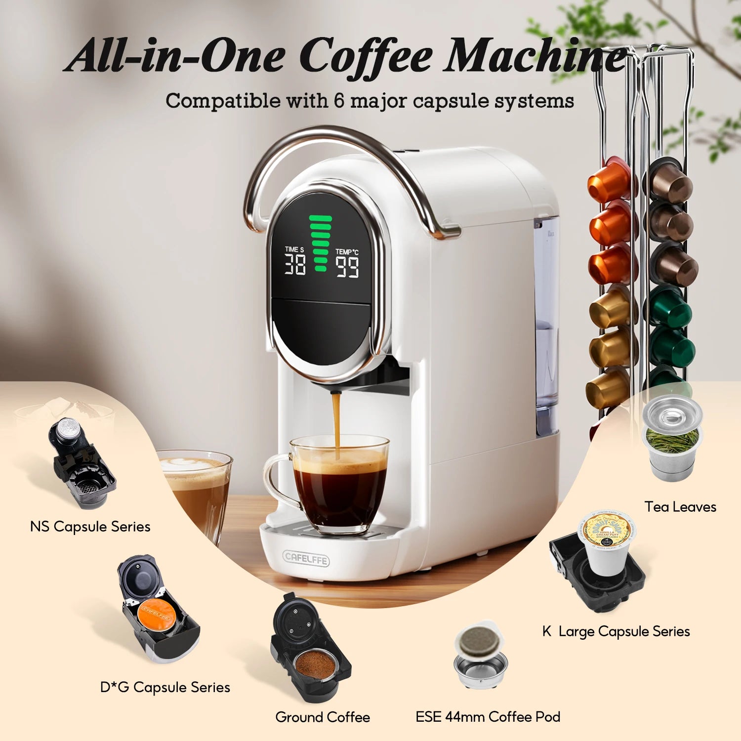 Cafelffe white all-in-one coffee machine with digital display, compatible with 6 capsule systems, pods, and tea.