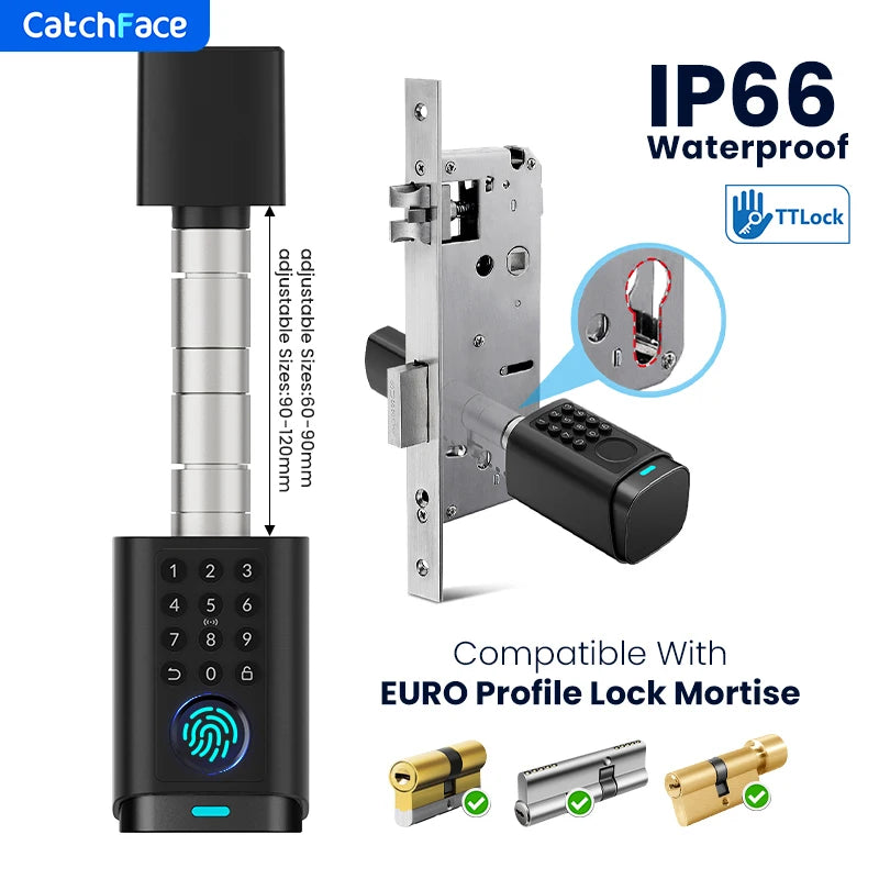 IP66 Waterproof 2026 New Generation TUYA APP Fingerprint Password Digital RFID Card Cylinder Smart Door Lock 60-90 90-120