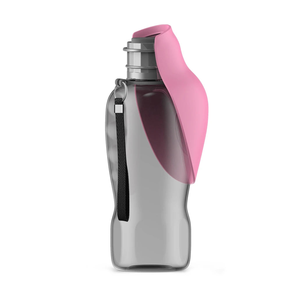 800ml portable dog water bottle with pink bowl for easy outdoor travel, perfect for hydrating dogs and cats on the go.