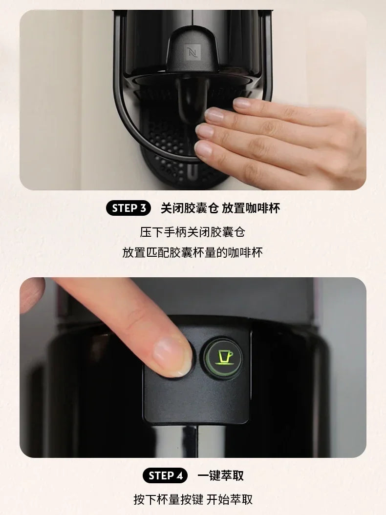 Black Nespresso capsule coffee machine showing step-by-step instructions for closing the handle and brewing coffee.