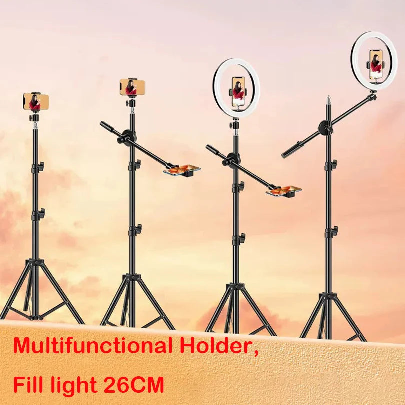 Black adjustable tripod stand with a 26cm circular ring light and dual phone mounts for photography and live streaming.