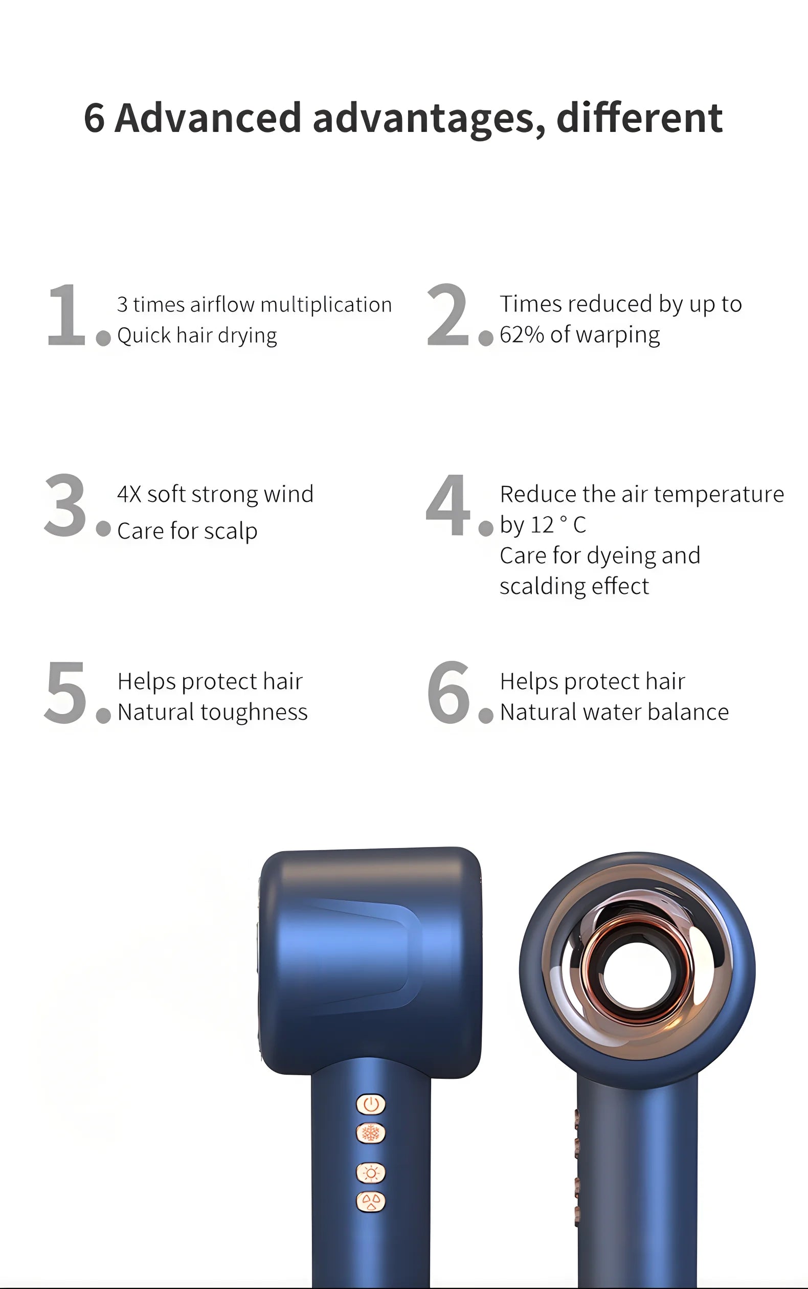 1600W silent negative ion hair dryer in matte blue, featuring advanced constant temperature care and ergonomic design.