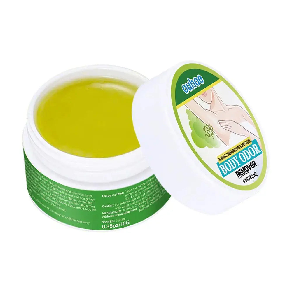 Open jar of Ouhoe underarm deodorant cream with smooth, translucent green gel texture and white label.