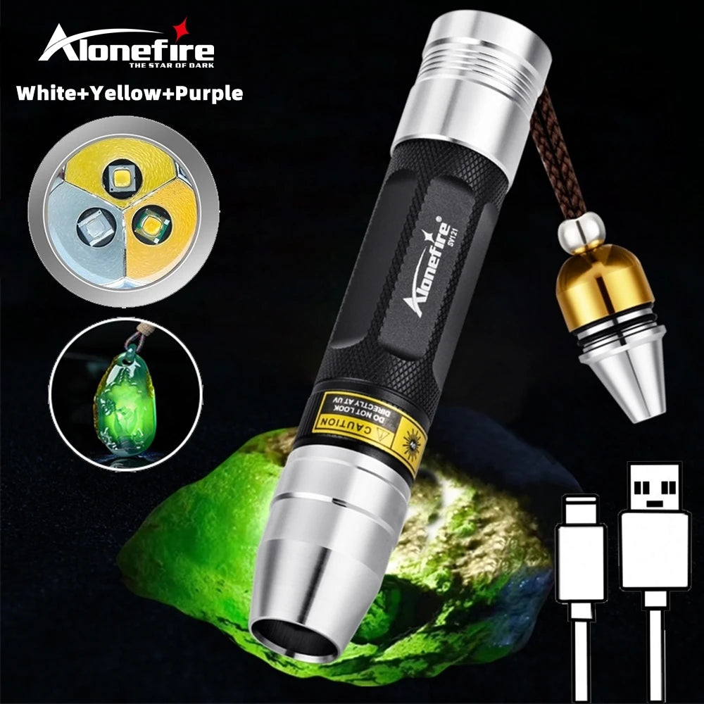 3-in-1 USB rechargeable UV flashlight for pet stain detection, jewelry inspection, and amber/gemstone testing.