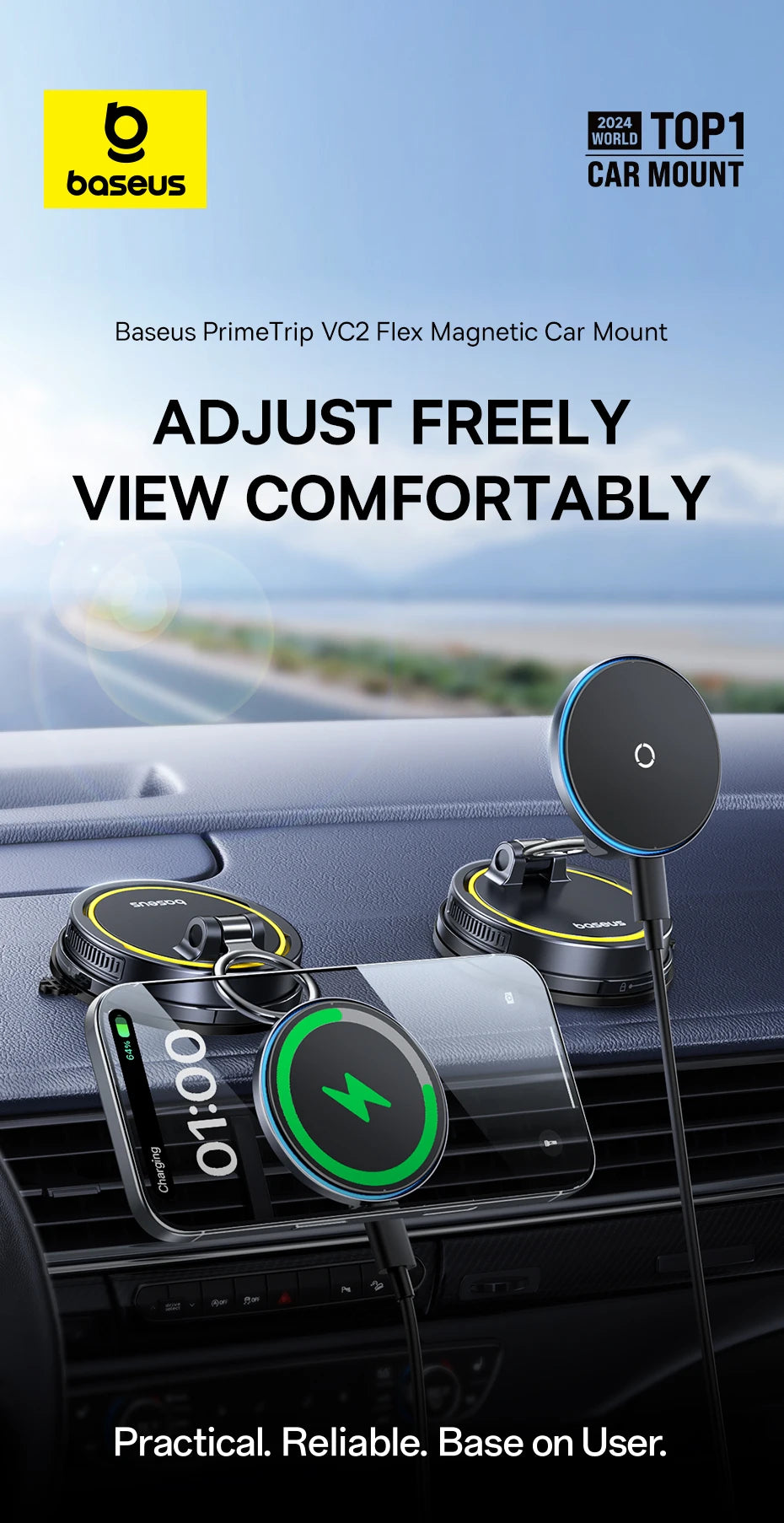 Magnetic Car Phone Holder & Qi Certified Fast Wireless Charger - Silver Tidesmit