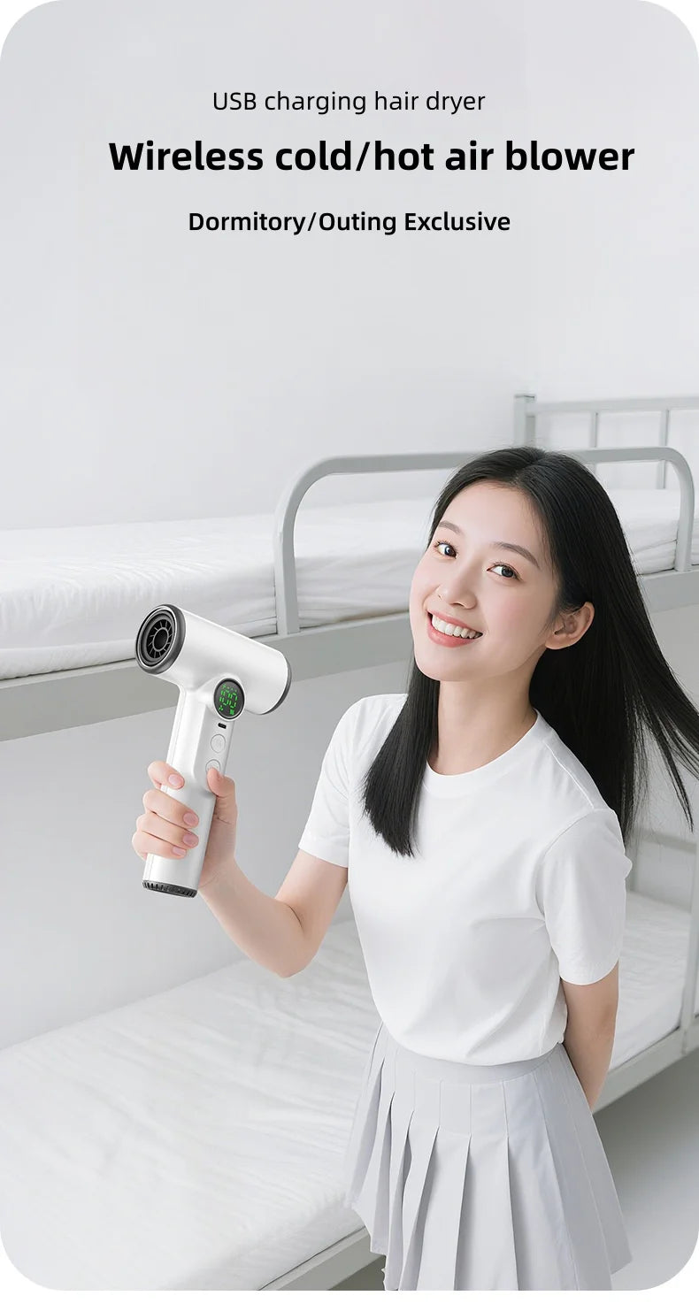Portable white wireless hair dryer with digital display, cold/hot air settings, ideal for travel and dormitory use.