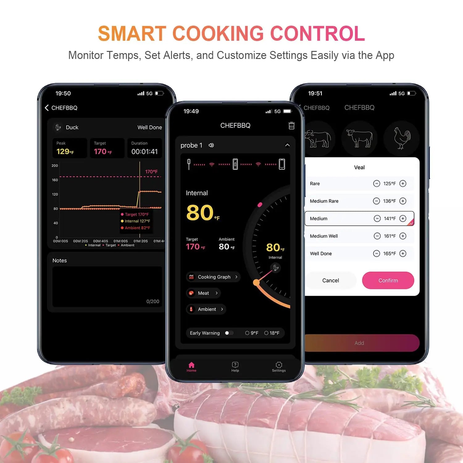 Wireless Meat Thermometer with Dual-Sensor Probe, Real-Time Ambient & Food Temperature Tracking for Precise Cooking Control