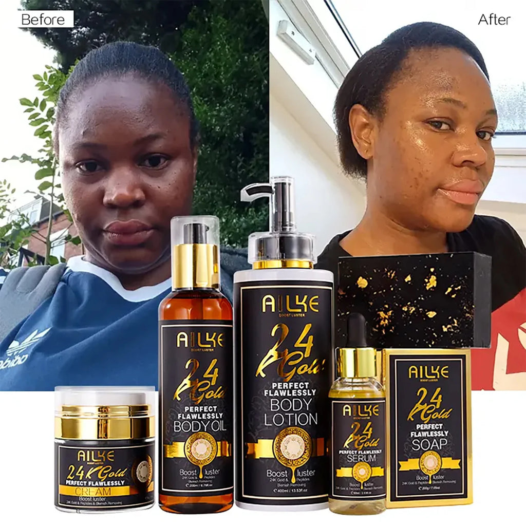 AILKE 24k Gold Flawlessly Whitening Skin Care Set For All Skin Type, Moisturizer, Reduce Black Spots, Smoothing, Brightening