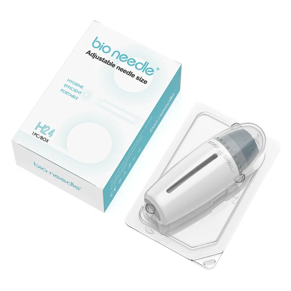 Bio Needle H24 adjustable microneedle derma stamp tool in white with packaging box for home skin care and hydration.