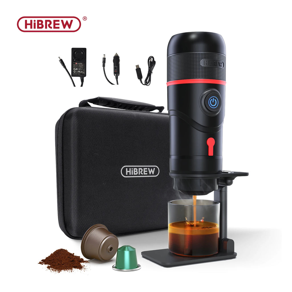 HiBREW portable black capsule espresso coffee maker with carrying case, power adapters, and espresso brewing stand.