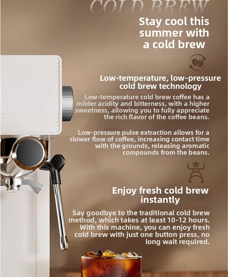 Modern white cold brew coffee machine with pulse extraction technology, shown preparing a fresh iced coffee.