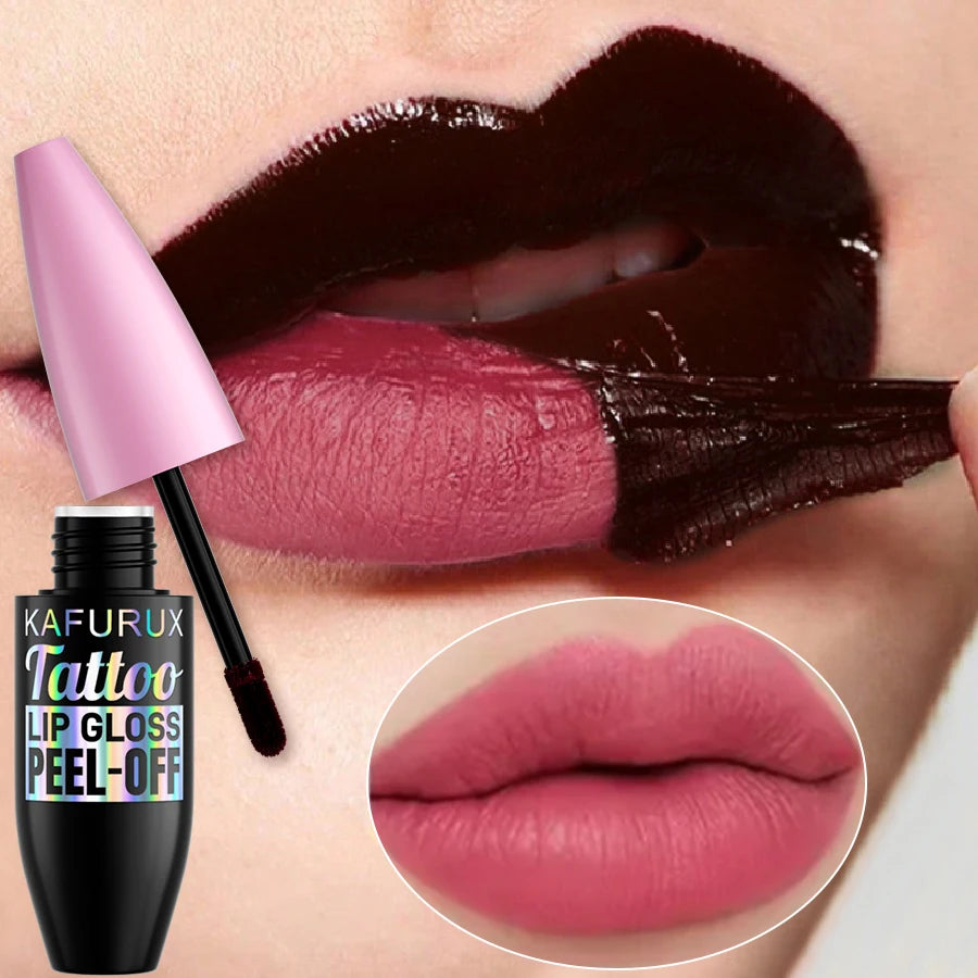 Long-lasting peel-off liquid lipstick showing dark stain removal for a matte pink lip glaze finish.