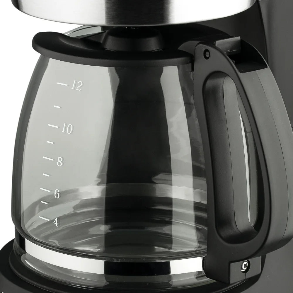 12-cup glass carafe for black and stainless steel drip coffee maker with visible cup measurements and black handle.