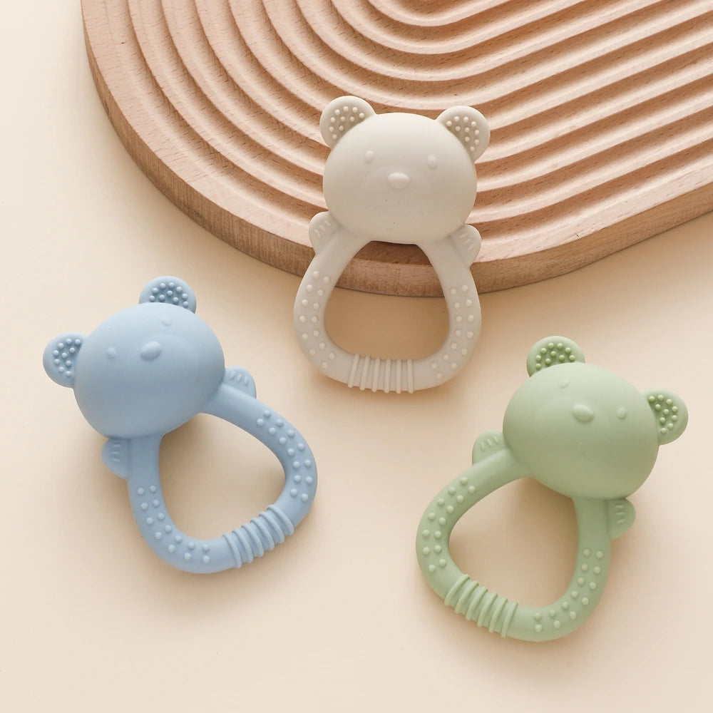 Baby Silicone Teether Bear Hand Bell Food Grade Teether Toys Rattle Baby 0-12 Months Silicone Sensory Toys Silicone Teething Toy