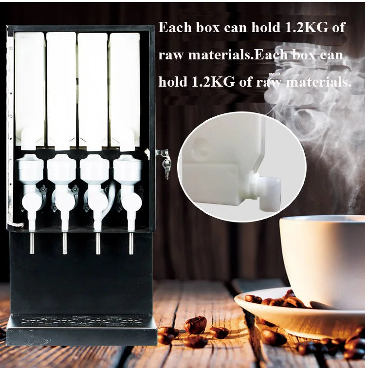 Black commercial coffee powder dispenser with four 1.2kg capacity white canisters for raw material storage.