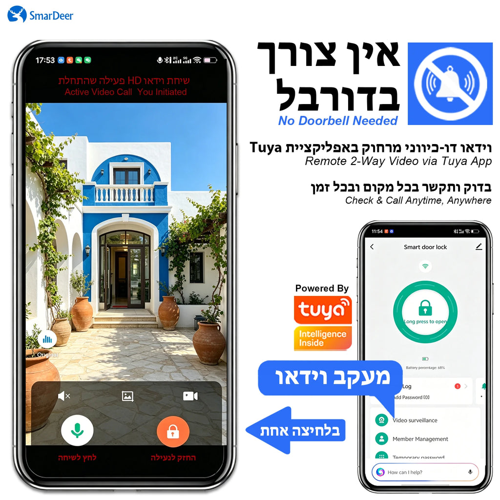 SmarDeer IP66 Waterproof Smart Lock,3D Facial Recognition Fingerprint Door Lock,Tuya Electronic Door Lock for Israel Standard