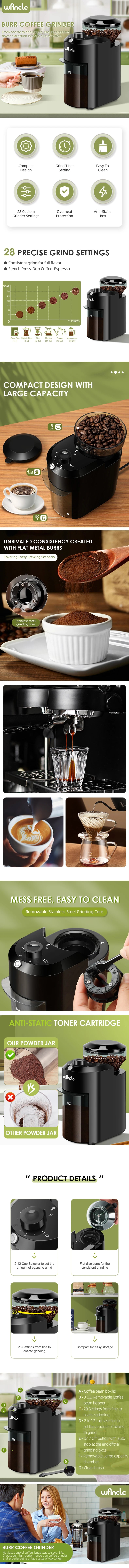 Wfndc black electric burr coffee grinder with 28 grind settings, flat metal burrs, and compact, easy-clean design.