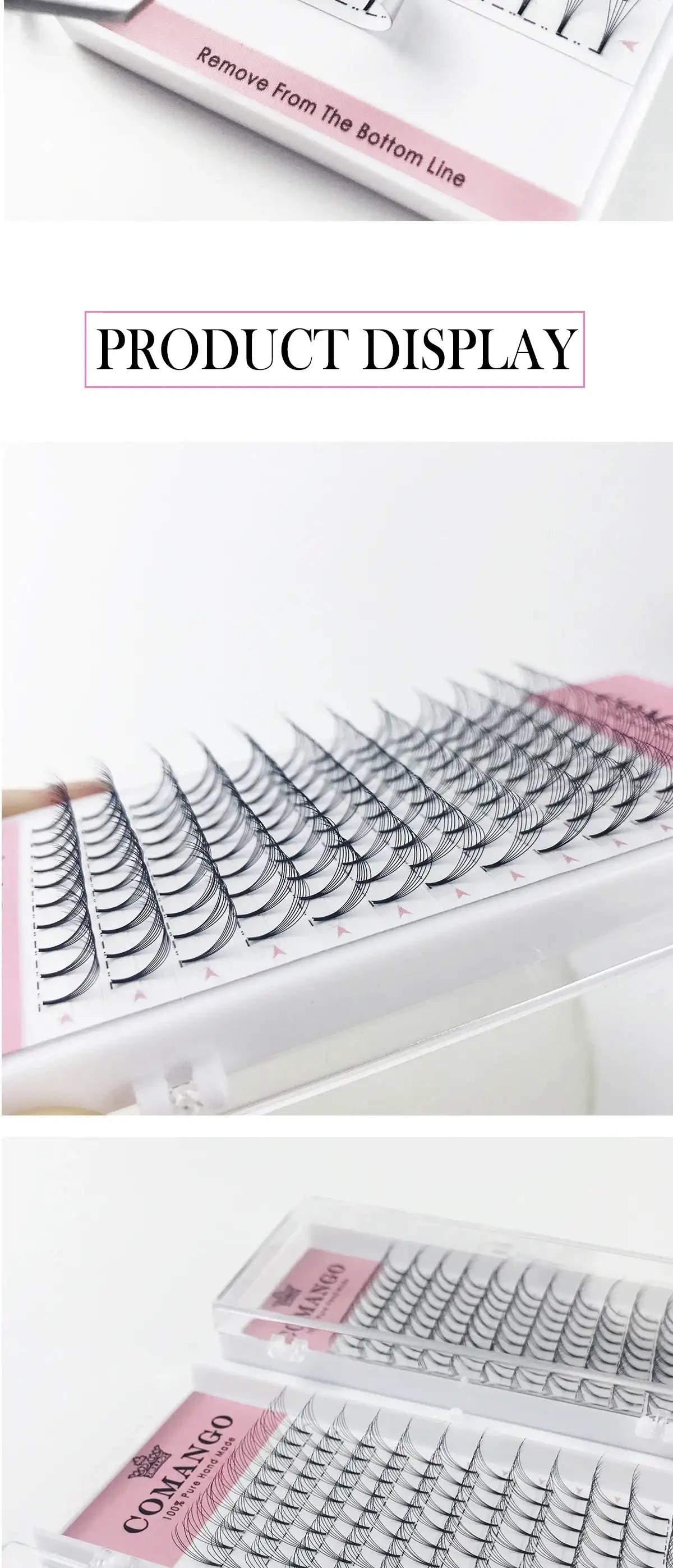 Tray of black, short-stemmed premade Russian volume lash fans arranged in neat rows on a pink and white tray.