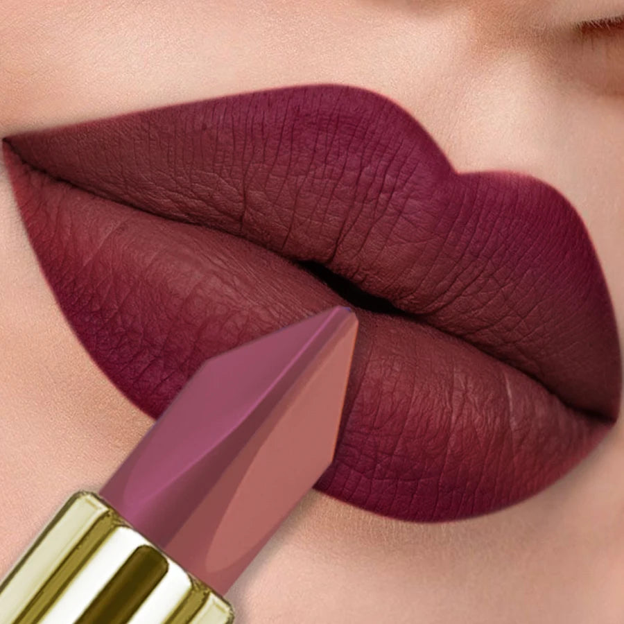 Sexy matte dark purple lipstick with moisturizing formula for bold, smooth lip makeup look.